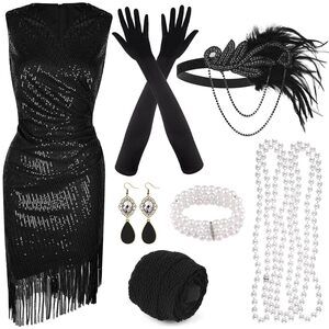 8473 1920s Sequin Beaded Fringed Dress With Roaring 20s